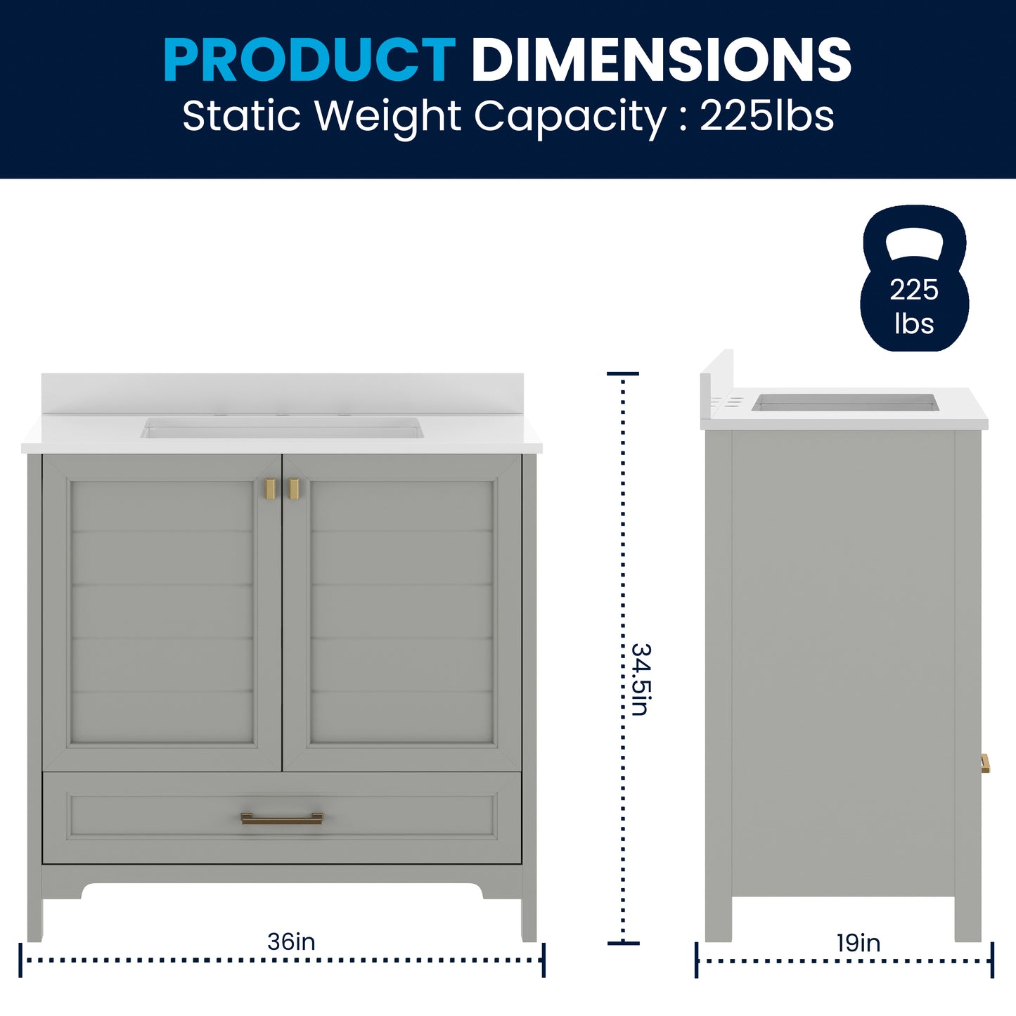 Haven 36" Bathroom Vanity with Sink, Storage Cabinet with Gold Hardware, Soft Close Doors and Bottom Drawer, Carrara Marble Finish Countertop, Gray Gray Frame/Gold Hardware
