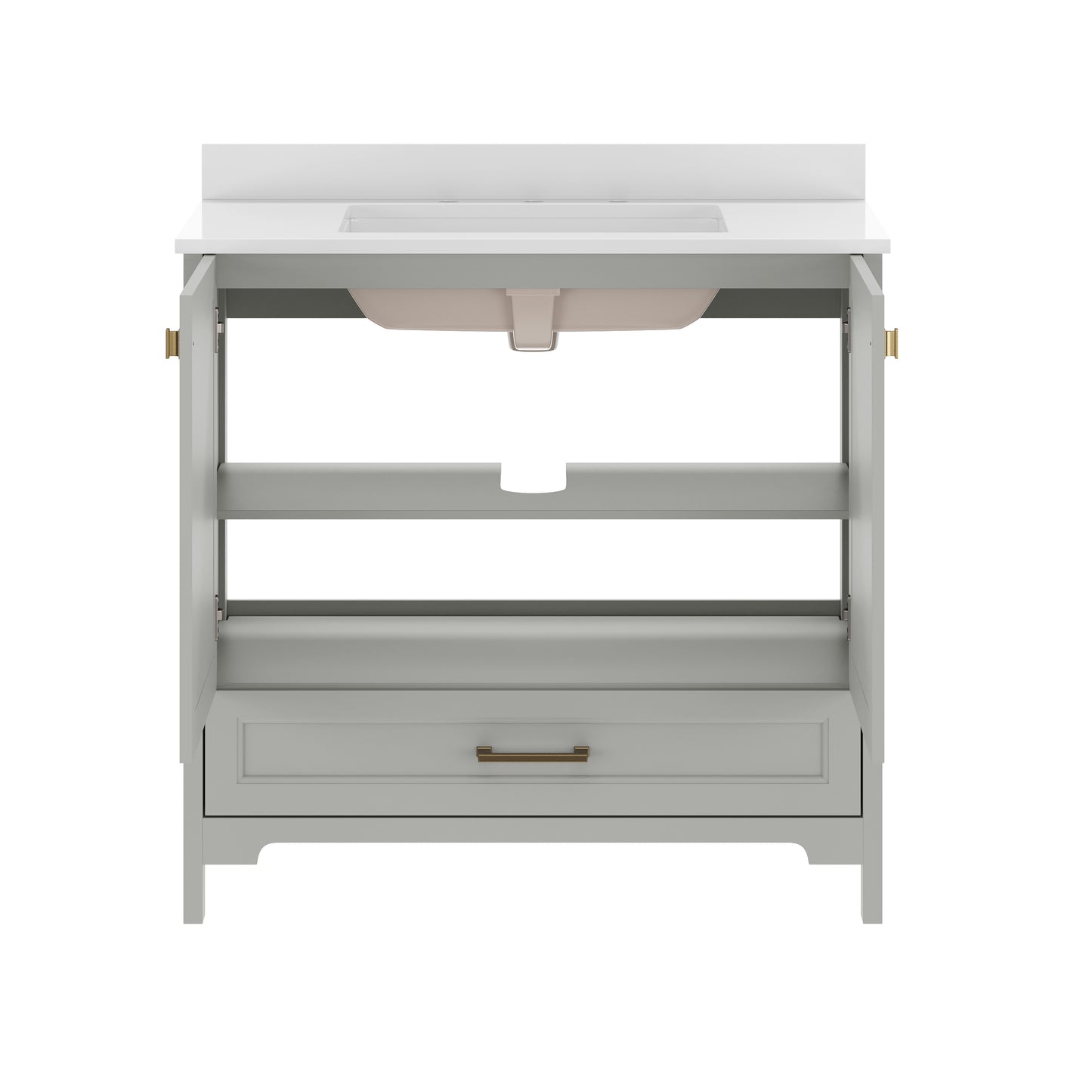 Haven 36" Bathroom Vanity with Sink, Storage Cabinet with Gold Hardware, Soft Close Doors and Bottom Drawer, Carrara Marble Finish Countertop, Gray Gray Frame/Gold Hardware