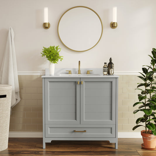 Haven 36" Bathroom Vanity with Sink, Storage Cabinet with Gold Hardware, Soft Close Doors and Bottom Drawer, Carrara Marble Finish Countertop, Gray Gray Frame/Gold Hardware FS-BN-4-36-KD-GY-HDGLD-GG
