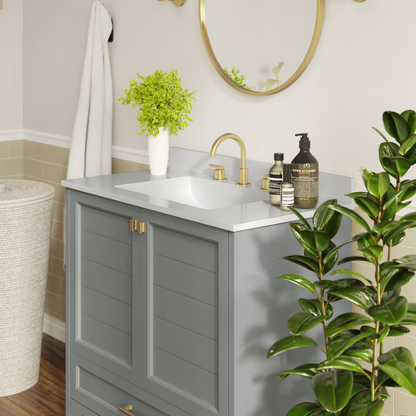 Haven 36" Bathroom Vanity with Sink, Storage Cabinet with Gold Hardware, Soft Close Doors and Bottom Drawer, Carrara Marble Finish Countertop, Gray Gray Frame/Gold Hardware