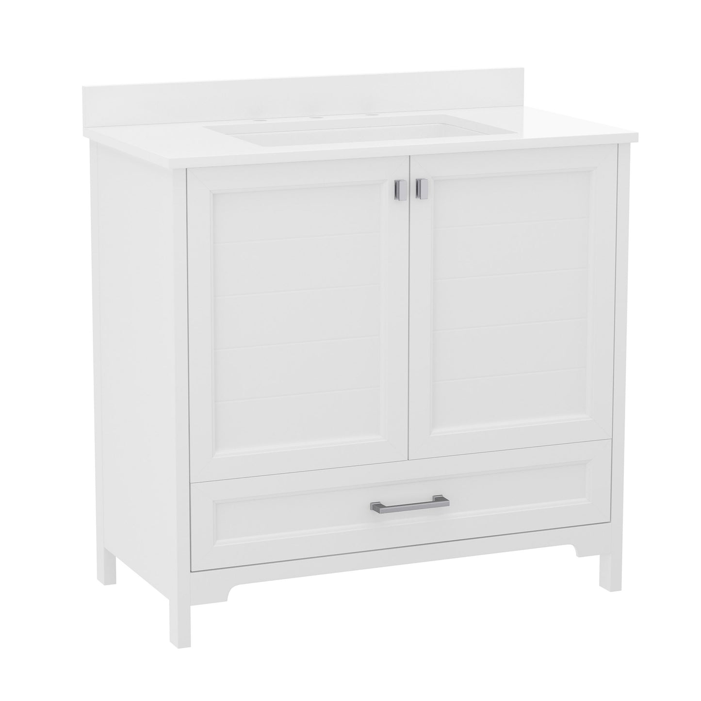 Haven 36 Inch Bathroom Vanity with Sink, Storage Cabinet with Soft Close Doors and Bottom Drawer, Carrara Marble Finish Countertop, White White