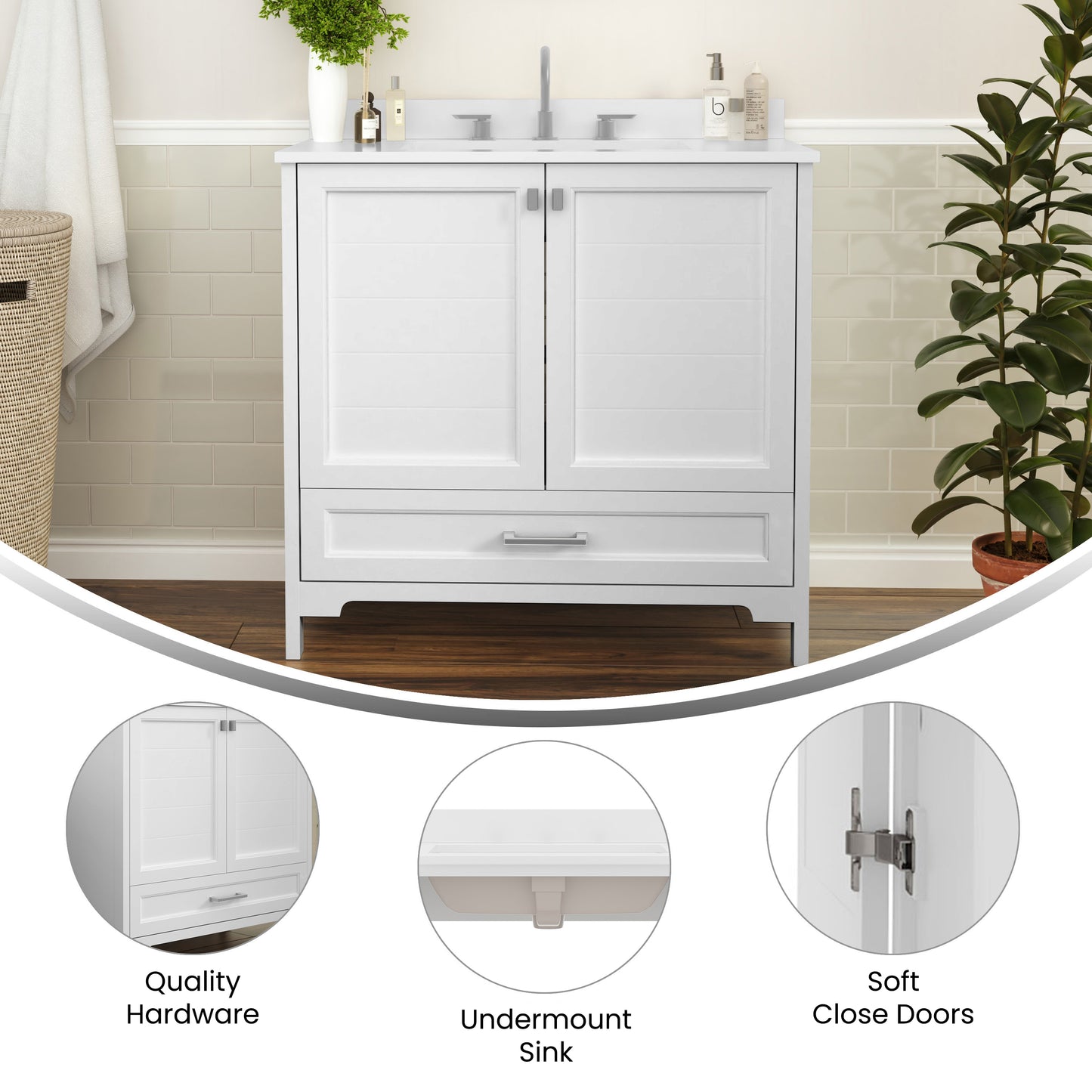 Haven 36 Inch Bathroom Vanity with Sink, Storage Cabinet with Soft Close Doors and Bottom Drawer, Carrara Marble Finish Countertop, White White