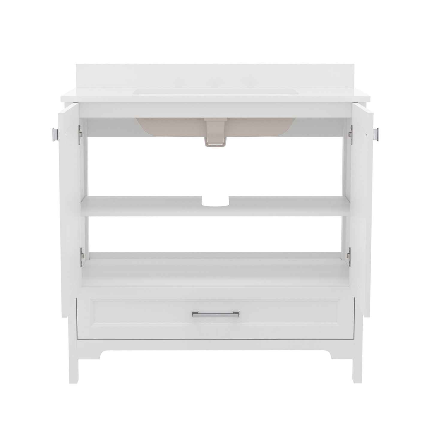 Haven 36 Inch Bathroom Vanity with Sink, Storage Cabinet with Soft Close Doors and Bottom Drawer, Carrara Marble Finish Countertop, White White