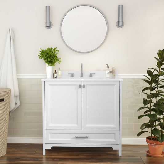 Haven 36 Inch Bathroom Vanity with Sink, Storage Cabinet with Soft Close Doors and Bottom Drawer, Carrara Marble Finish Countertop, White White FS-BN-4-36-KD-WH-GG