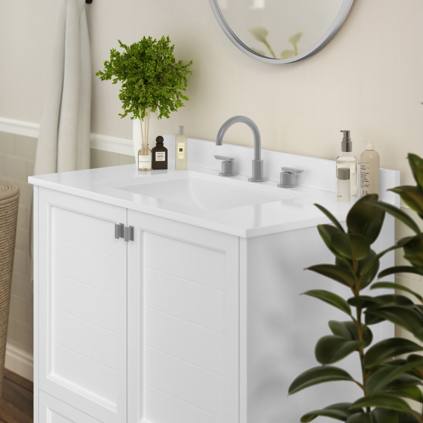 Haven 36 Inch Bathroom Vanity with Sink, Storage Cabinet with Soft Close Doors and Bottom Drawer, Carrara Marble Finish Countertop, White White
