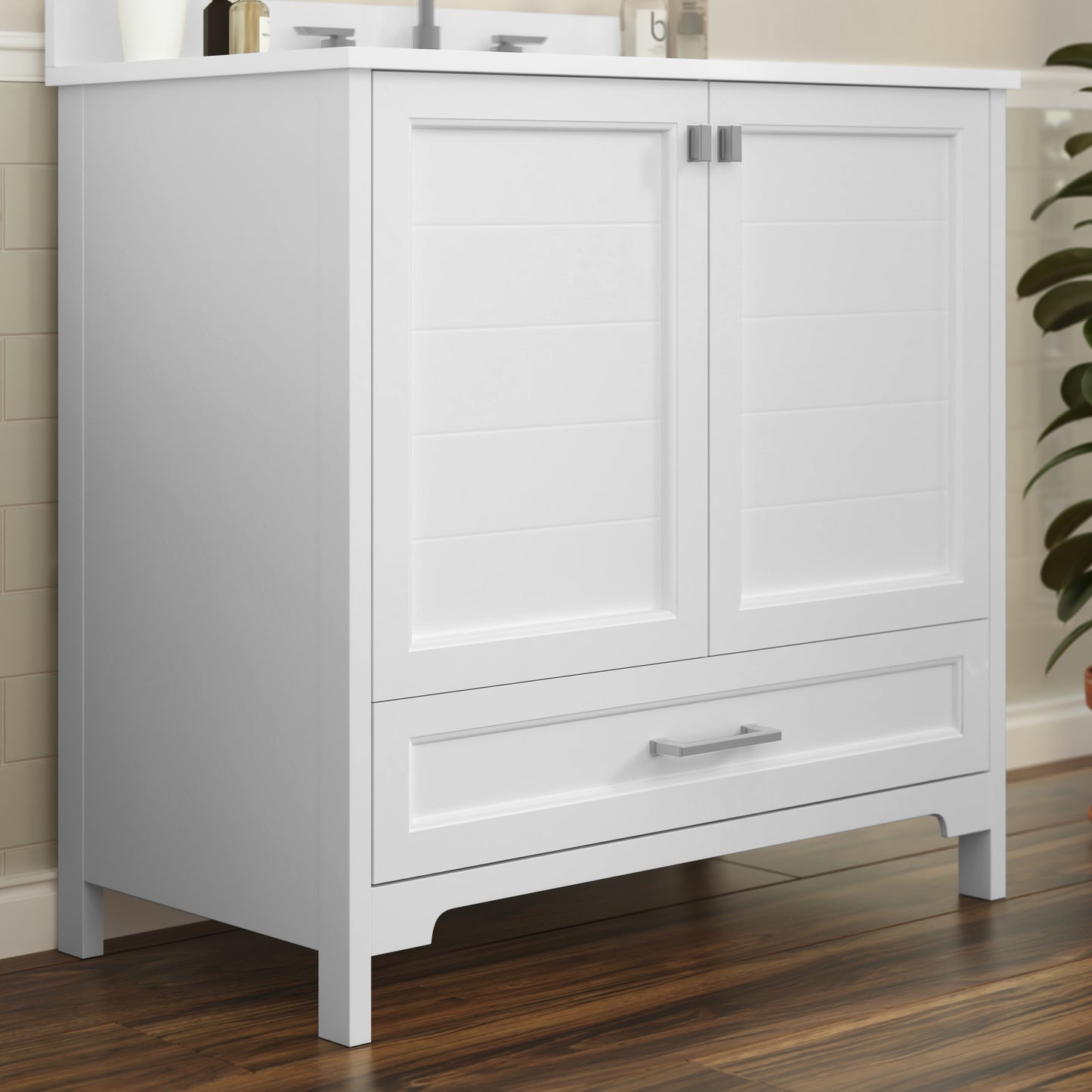 Haven 36 Inch Bathroom Vanity with Sink, Storage Cabinet with Soft Close Doors and Bottom Drawer, Carrara Marble Finish Countertop, White White