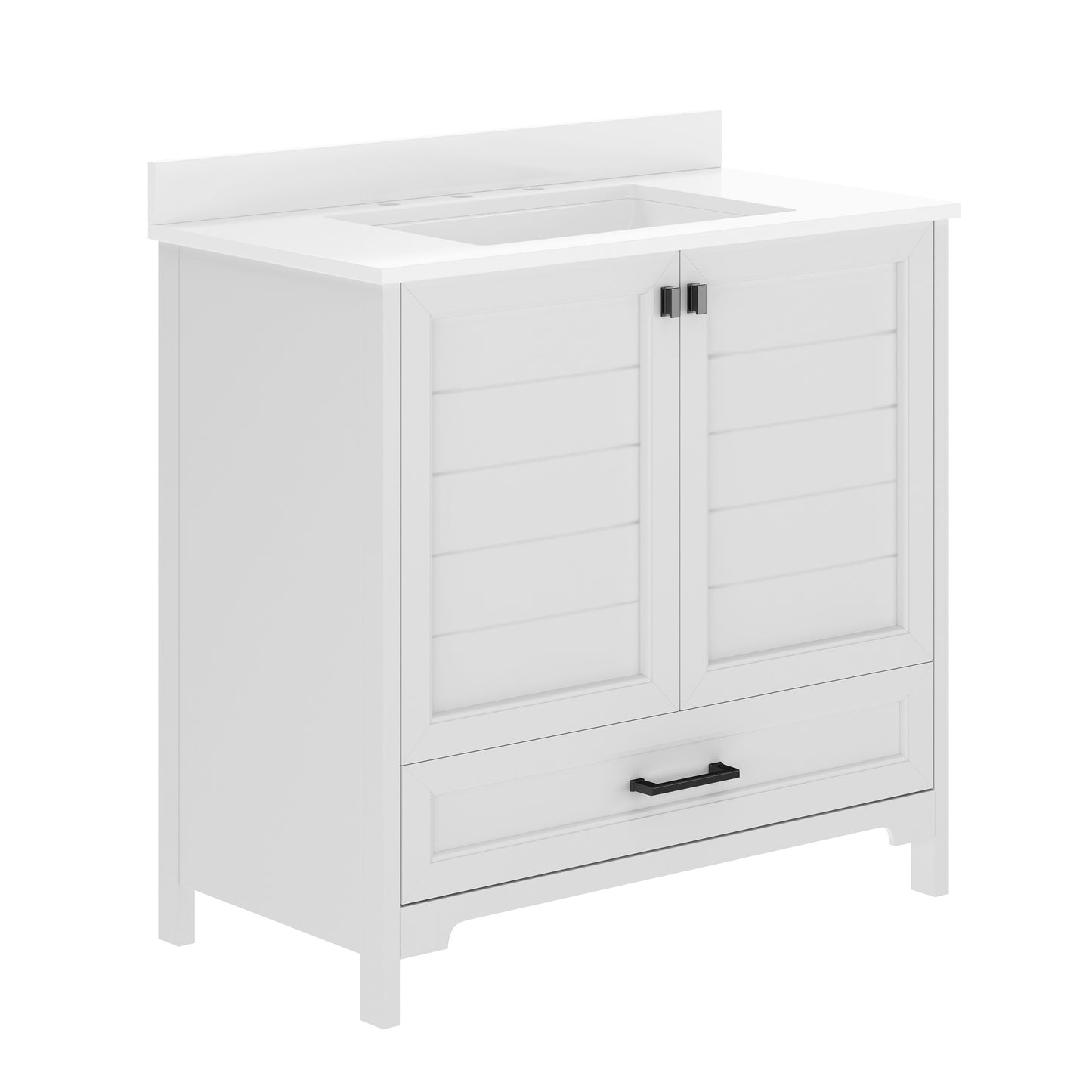 Haven 36" Bathroom Vanity with Sink, Storage Cabinet with Black Hardware, Soft Close Doors and Bottom Drawer, Carrara Marble Finish Countertop, White White Frame/Black Hardware