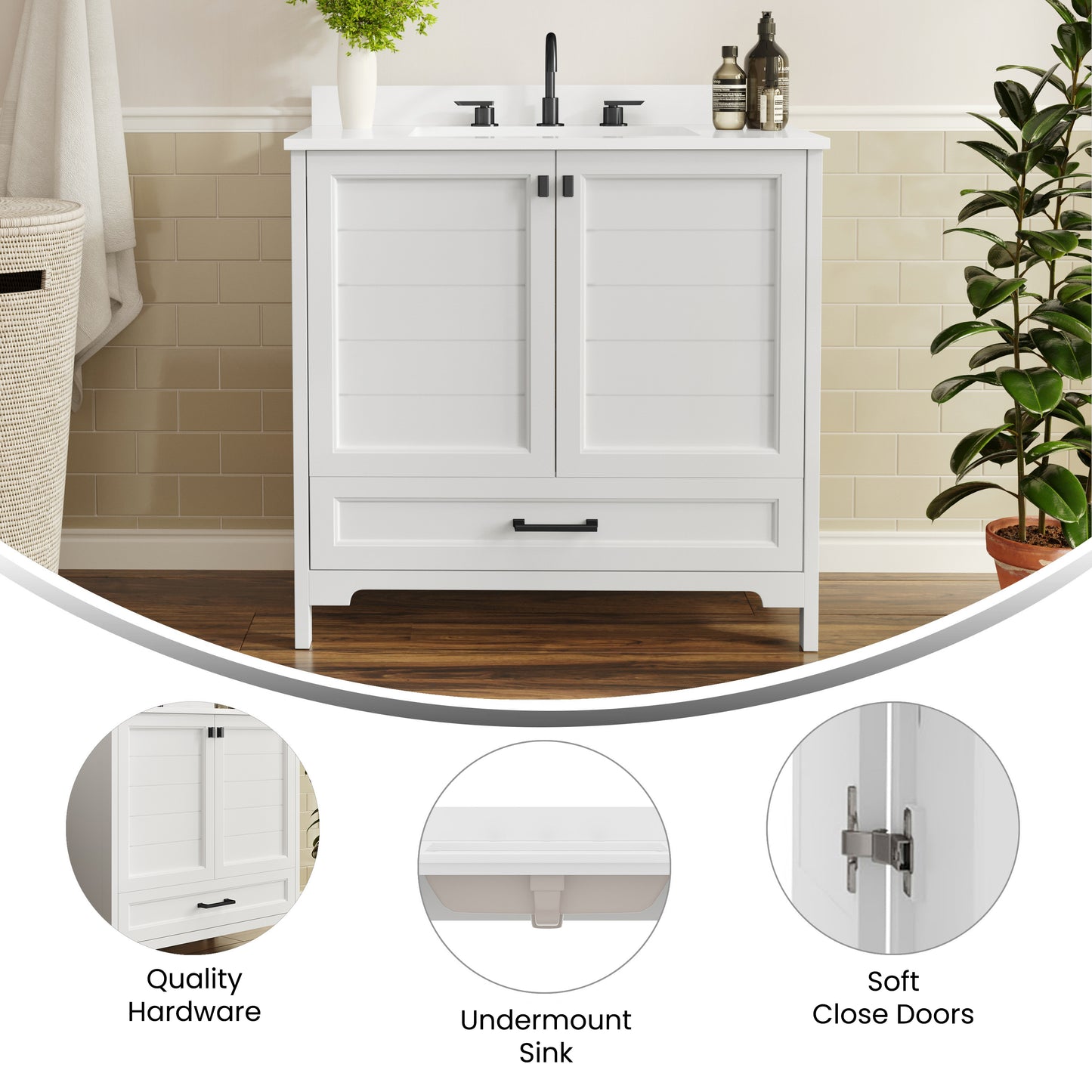 Haven 36" Bathroom Vanity with Sink, Storage Cabinet with Black Hardware, Soft Close Doors and Bottom Drawer, Carrara Marble Finish Countertop, White White Frame/Black Hardware