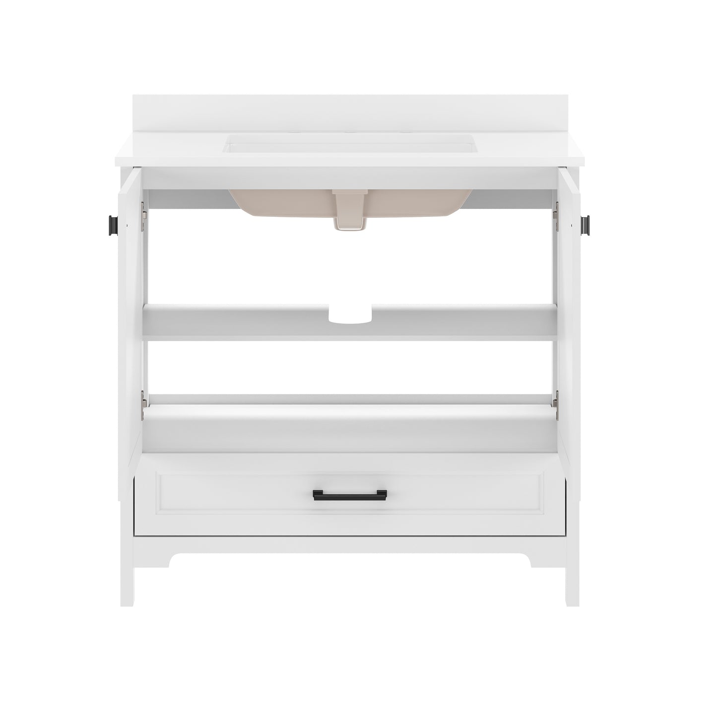Haven 36" Bathroom Vanity with Sink, Storage Cabinet with Black Hardware, Soft Close Doors and Bottom Drawer, Carrara Marble Finish Countertop, White White Frame/Black Hardware