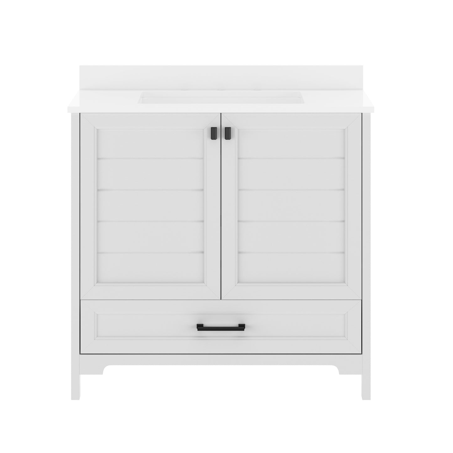 Haven 36" Bathroom Vanity with Sink, Storage Cabinet with Black Hardware, Soft Close Doors and Bottom Drawer, Carrara Marble Finish Countertop, White White Frame/Black Hardware