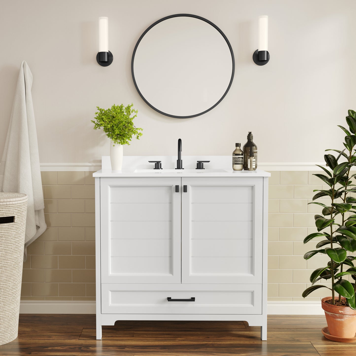 Haven 36" Bathroom Vanity with Sink, Storage Cabinet with Black Hardware, Soft Close Doors and Bottom Drawer, Carrara Marble Finish Countertop, White White Frame/Black Hardware