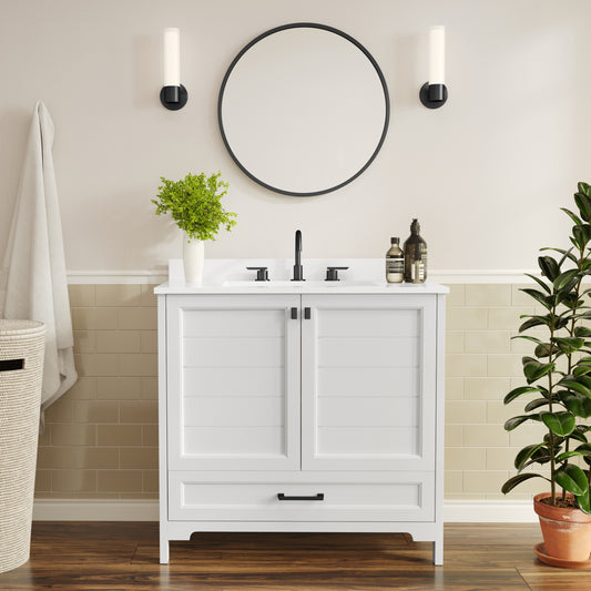 Haven 36" Bathroom Vanity with Sink, Storage Cabinet with Black Hardware, Soft Close Doors and Bottom Drawer, Carrara Marble Finish Countertop, White White Frame/Black Hardware FS-BN-4-36-KD-WH-HDBLK-GG