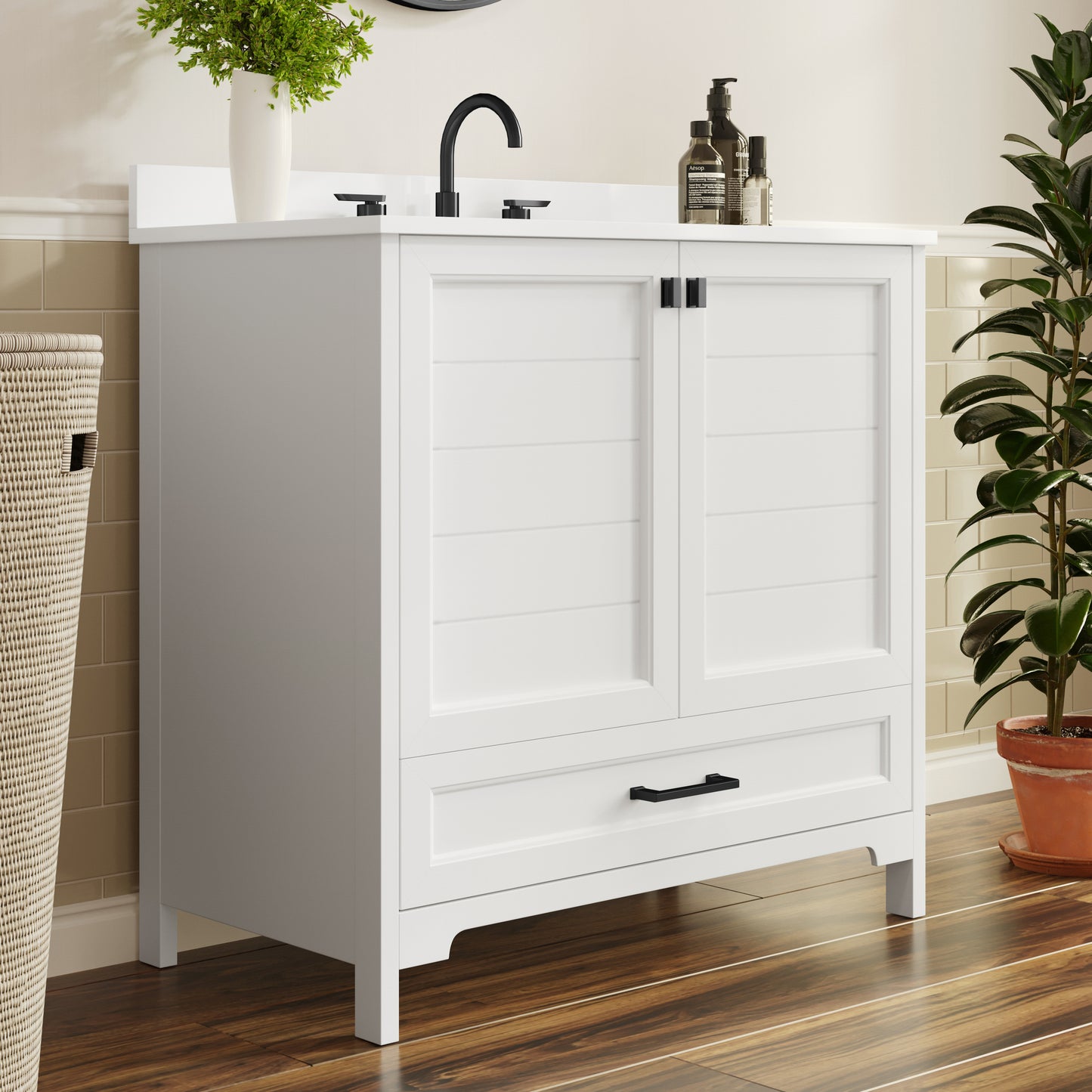 Haven 36" Bathroom Vanity with Sink, Storage Cabinet with Black Hardware, Soft Close Doors and Bottom Drawer, Carrara Marble Finish Countertop, White White Frame/Black Hardware