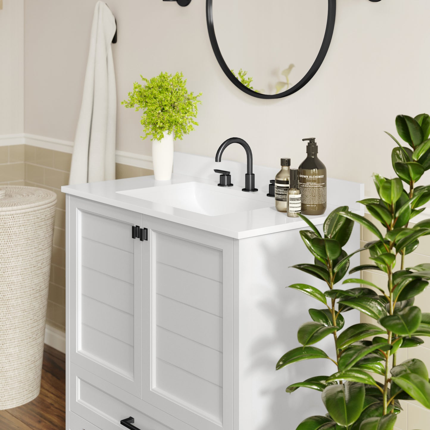 Haven 36" Bathroom Vanity with Sink, Storage Cabinet with Black Hardware, Soft Close Doors and Bottom Drawer, Carrara Marble Finish Countertop, White White Frame/Black Hardware