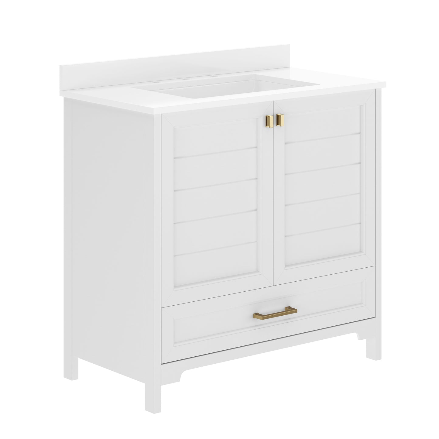 Haven 36" Bathroom Vanity with Sink, Storage Cabinet with Gold Hardware, Soft Close Doors and Bottom Drawer, Carrara Marble Finish Countertop, White White Frame/Gold Hardware