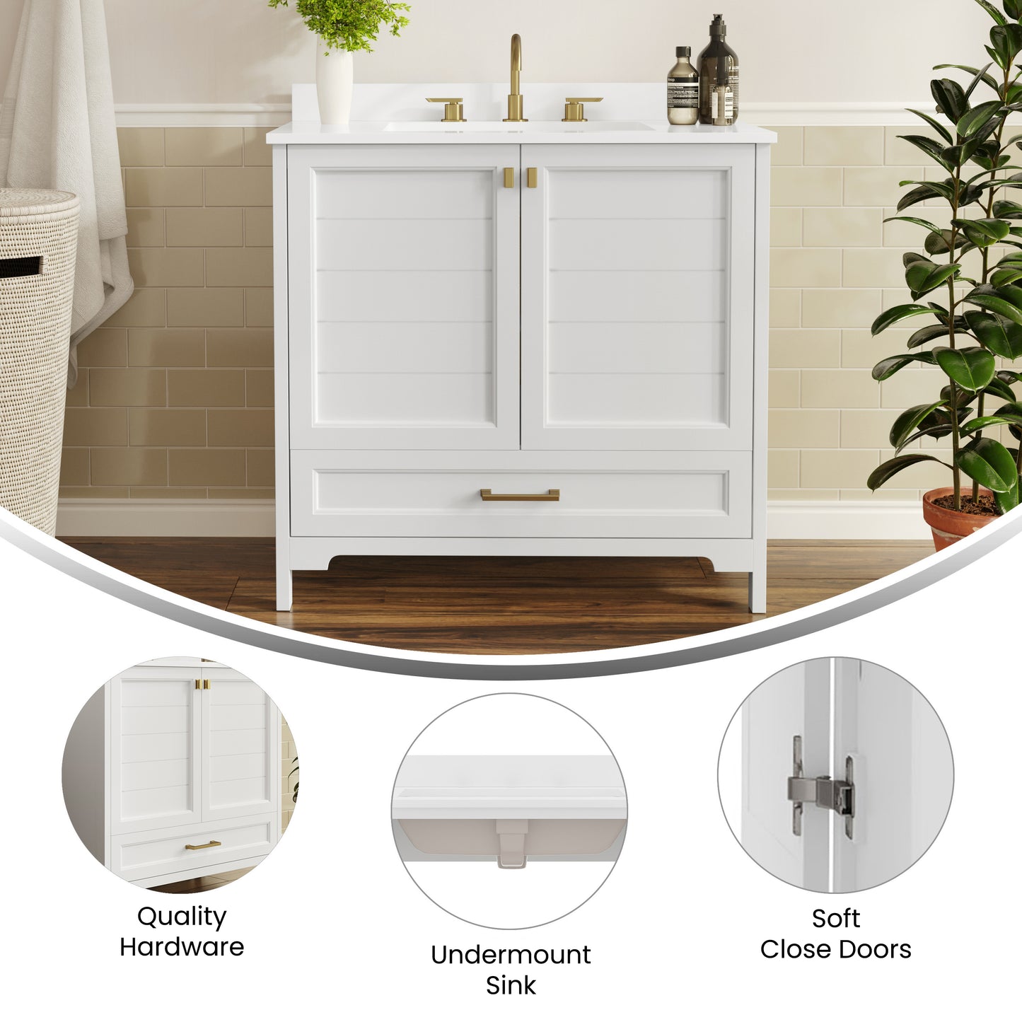 Haven 36" Bathroom Vanity with Sink, Storage Cabinet with Gold Hardware, Soft Close Doors and Bottom Drawer, Carrara Marble Finish Countertop, White White Frame/Gold Hardware