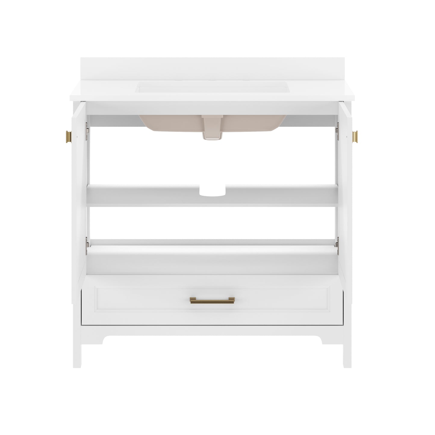 Haven 36" Bathroom Vanity with Sink, Storage Cabinet with Gold Hardware, Soft Close Doors and Bottom Drawer, Carrara Marble Finish Countertop, White White Frame/Gold Hardware