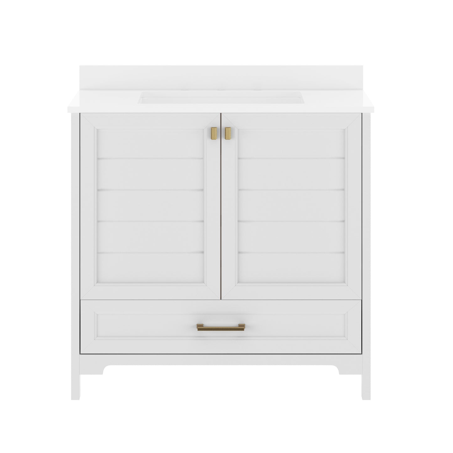 Haven 36" Bathroom Vanity with Sink, Storage Cabinet with Gold Hardware, Soft Close Doors and Bottom Drawer, Carrara Marble Finish Countertop, White White Frame/Gold Hardware