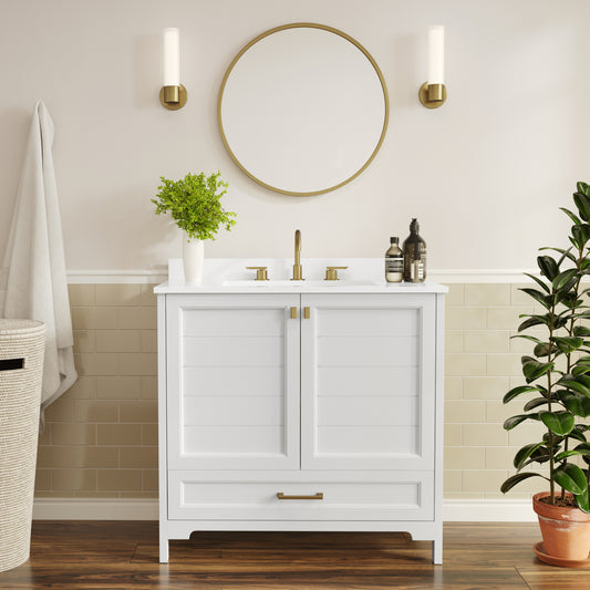 Haven 36" Bathroom Vanity with Sink, Storage Cabinet with Gold Hardware, Soft Close Doors and Bottom Drawer, Carrara Marble Finish Countertop, White White Frame/Gold Hardware FS-BN-4-36-KD-WH-HDGLD-GG