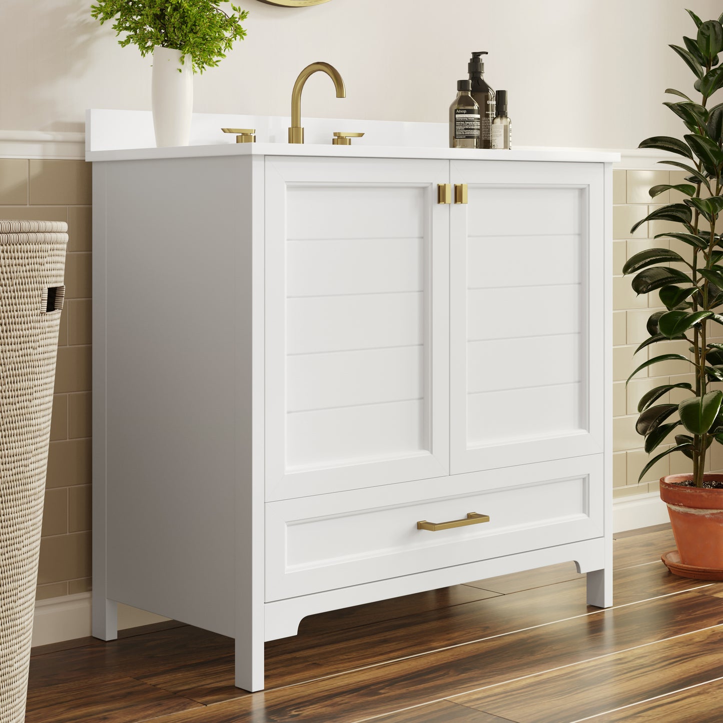 Haven 36" Bathroom Vanity with Sink, Storage Cabinet with Gold Hardware, Soft Close Doors and Bottom Drawer, Carrara Marble Finish Countertop, White White Frame/Gold Hardware