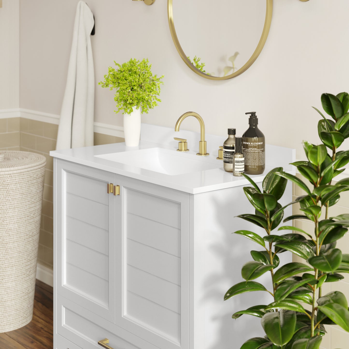 Haven 36" Bathroom Vanity with Sink, Storage Cabinet with Gold Hardware, Soft Close Doors and Bottom Drawer, Carrara Marble Finish Countertop, White White Frame/Gold Hardware