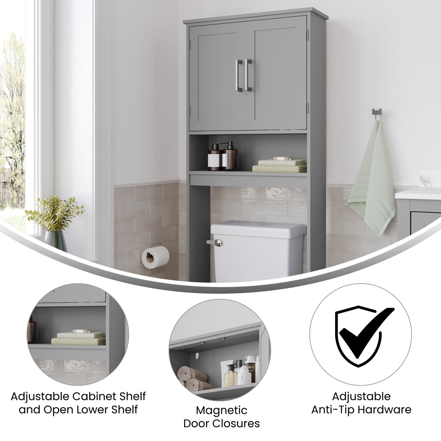 Vega Over the Toilet Bathroom Storage Cabinet Organizer with 2 Magnetic Closure Doors, Adjustable Cabinet Shelf, and Open Lower Shelf in Gray Gray