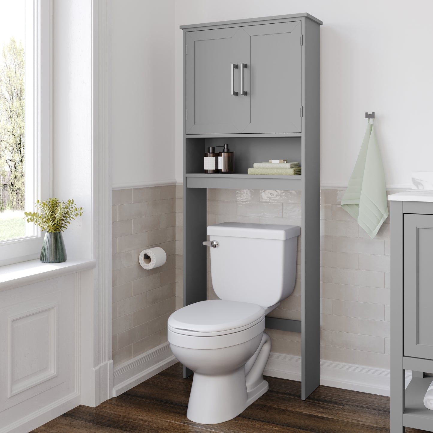 Vega Over the Toilet Bathroom Storage Cabinet Organizer with 2 Magnetic Closure Doors, Adjustable Cabinet Shelf, and Open Lower Shelf in Gray Gray