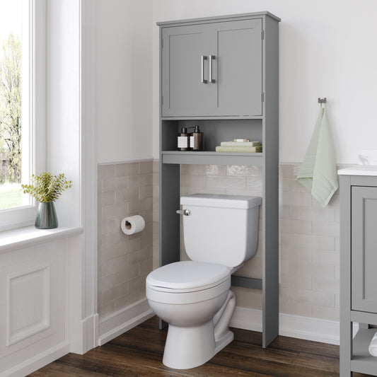 Vega Over the Toilet Bathroom Storage Cabinet Organizer with 2 Magnetic Closure Doors, Adjustable Cabinet Shelf, and Open Lower Shelf in Gray Gray FS-VEGA-BATH-1-GY-GG