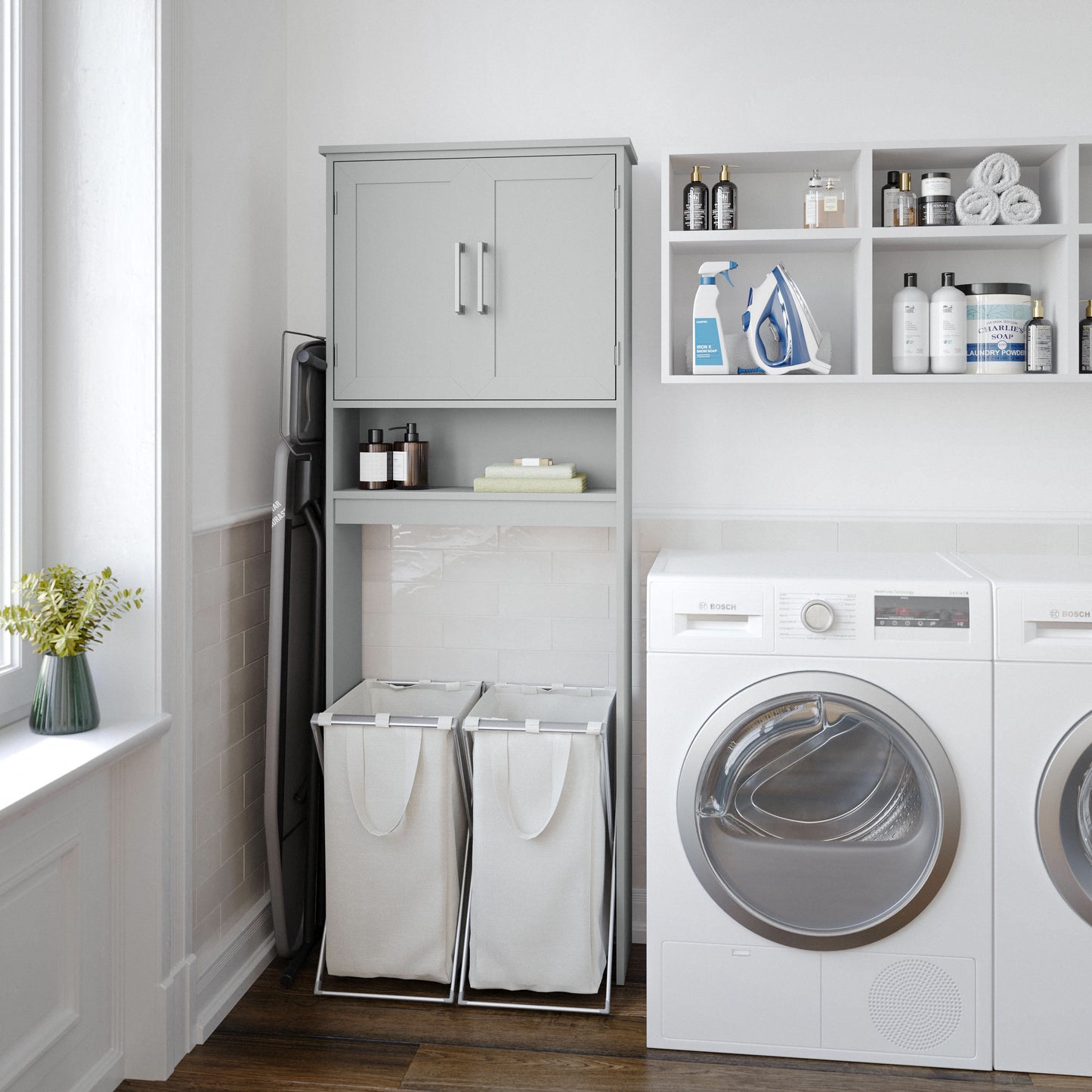 Vega Over the Toilet Bathroom Storage Cabinet Organizer with 2 Magnetic Closure Doors, Adjustable Cabinet Shelf, and Open Lower Shelf in Gray Gray