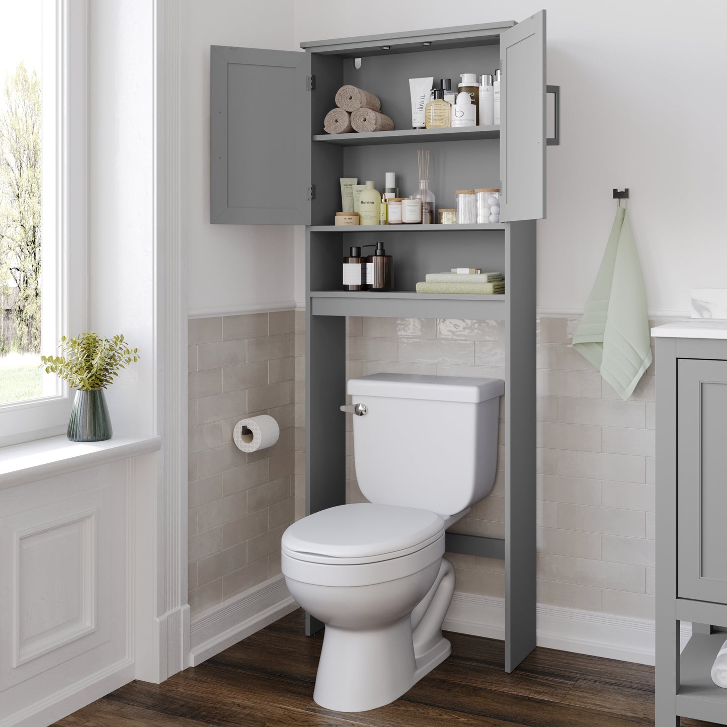 Vega Over the Toilet Bathroom Storage Cabinet Organizer with 2 Magnetic Closure Doors, Adjustable Cabinet Shelf, and Open Lower Shelf in Gray Gray