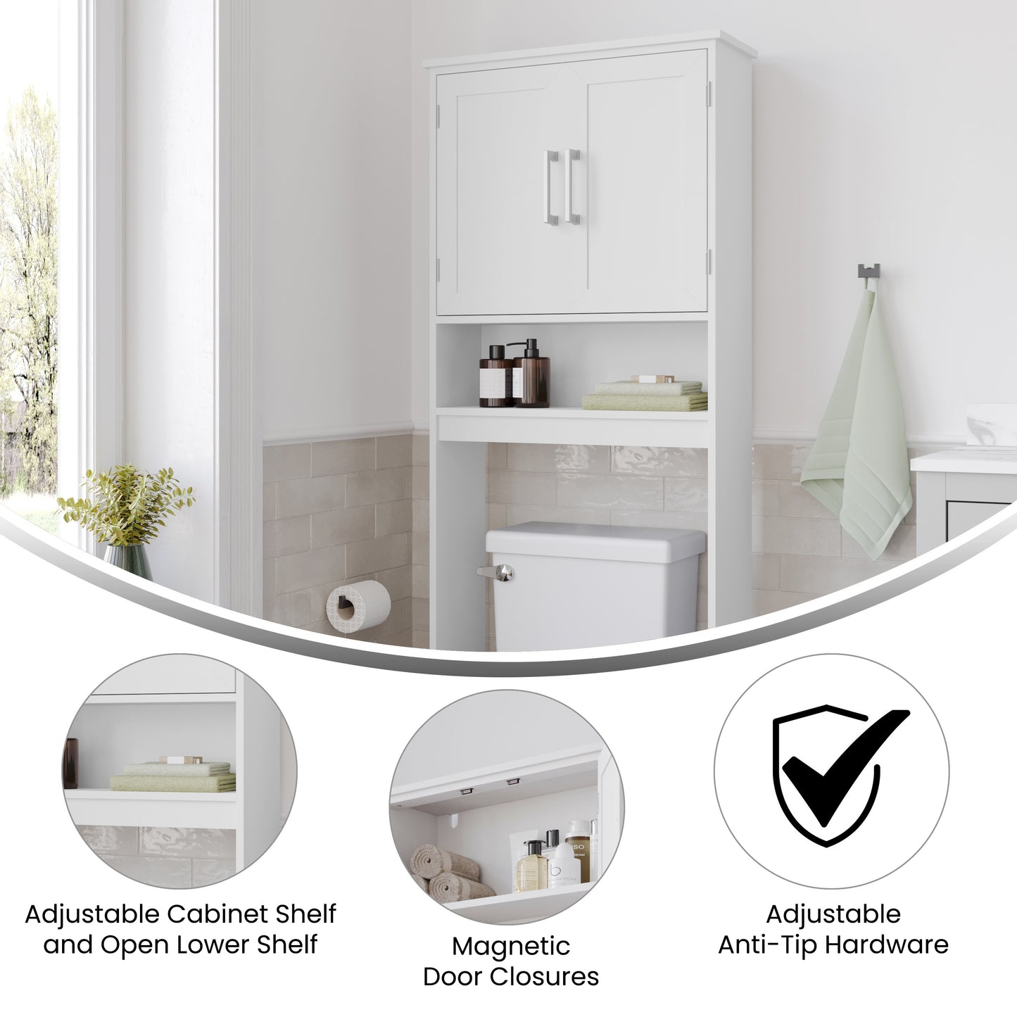 Vega Over the Toilet Bathroom Storage Cabinet Organizer with 2 Magnetic Closure Doors, Adjustable Cabinet Shelf, and Open Lower Shelf in White White FS-VEGA-BATH-1-WH-GG