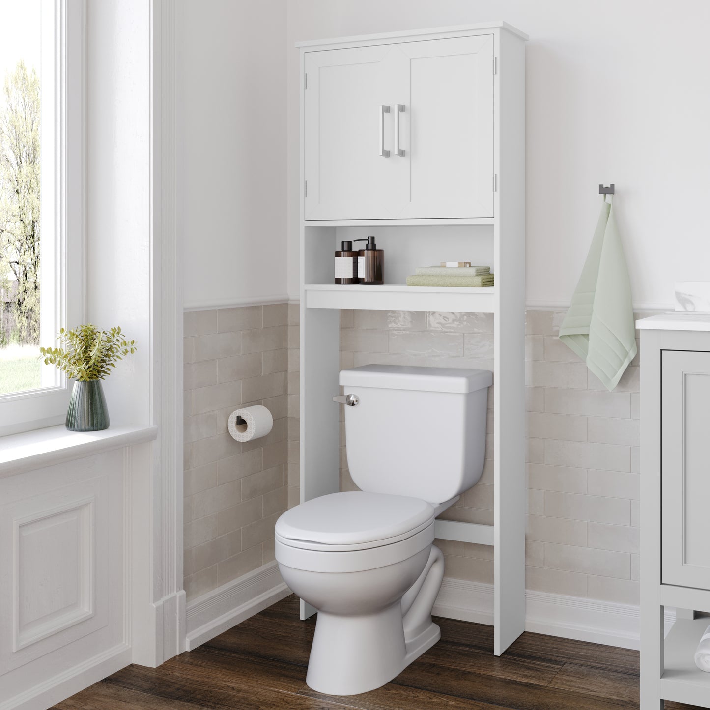 Vega Over the Toilet Bathroom Storage Cabinet Organizer with 2 Magnetic Closure Doors, Adjustable Cabinet Shelf, and Open Lower Shelf in White White FS-VEGA-BATH-1-WH-GG