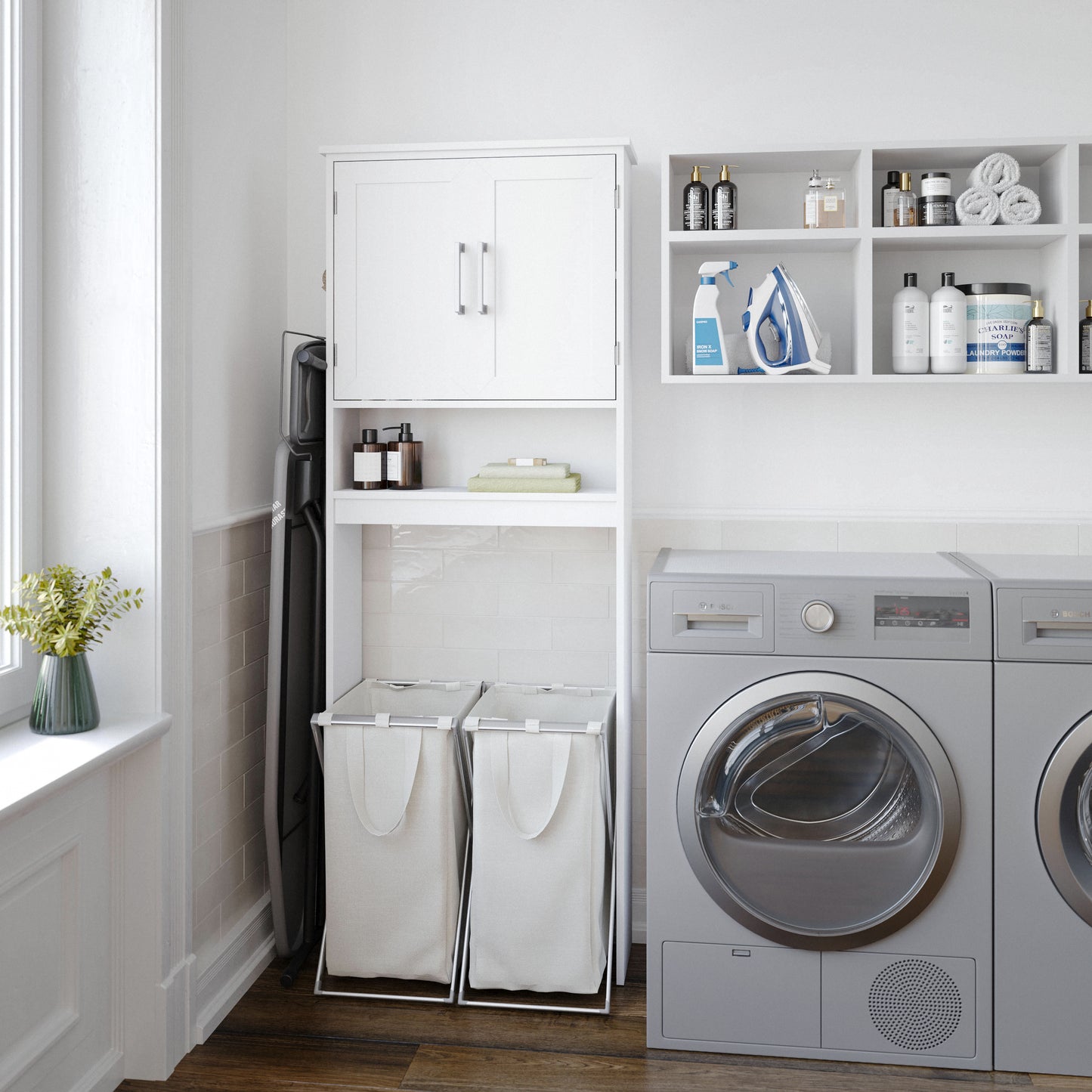 Vega Over the Toilet Bathroom Storage Cabinet Organizer with 2 Magnetic Closure Doors, Adjustable Cabinet Shelf, and Open Lower Shelf in White White FS-VEGA-BATH-1-WH-GG