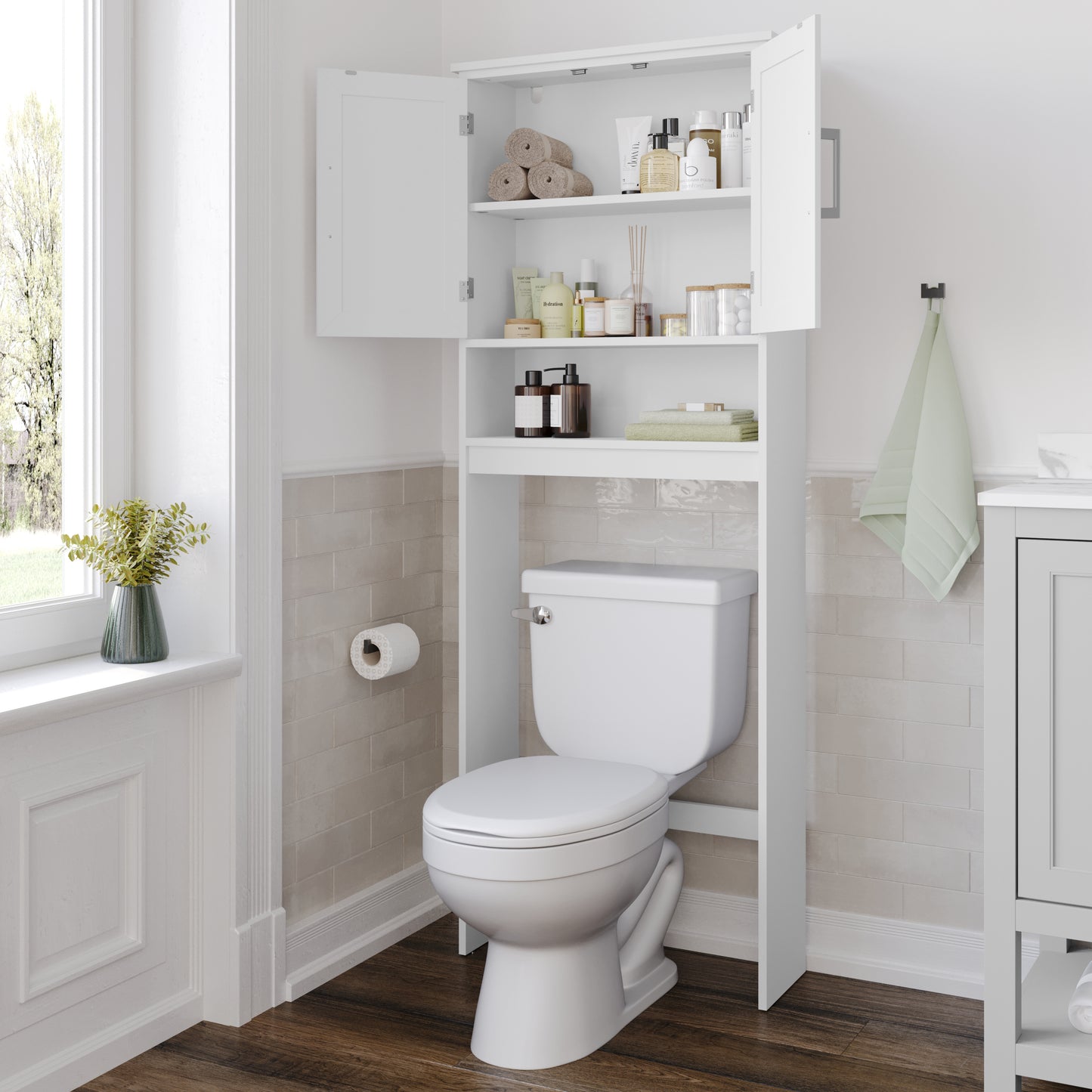 Vega Over the Toilet Bathroom Storage Cabinet Organizer with 2 Magnetic Closure Doors, Adjustable Cabinet Shelf, and Open Lower Shelf in White White FS-VEGA-BATH-1-WH-GG