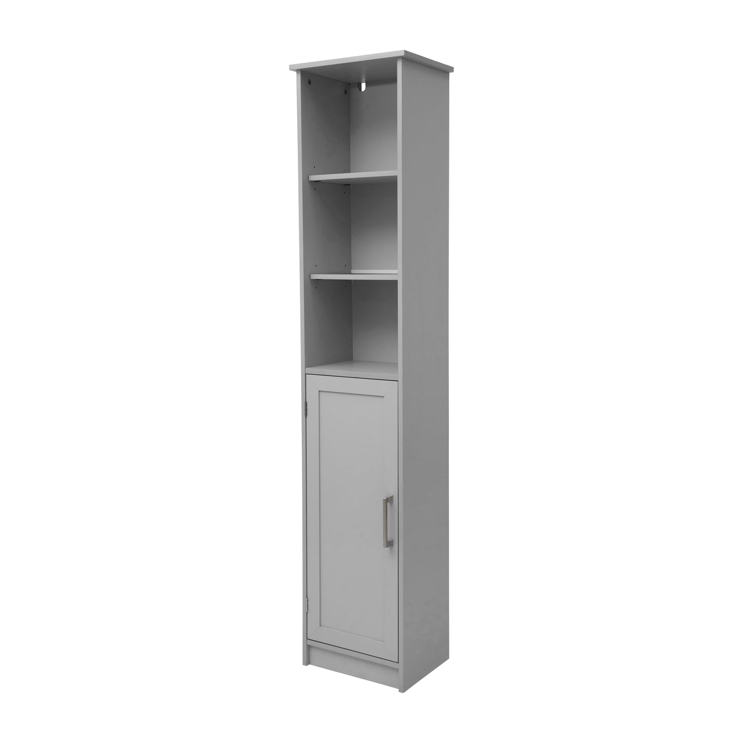 Vega Freestanding Linen Tower Storage Cabinet with Magnetic Close Door, In-Cabinet Adjustable Shelf, and 3 Upper Open Shelves in Gray Gray