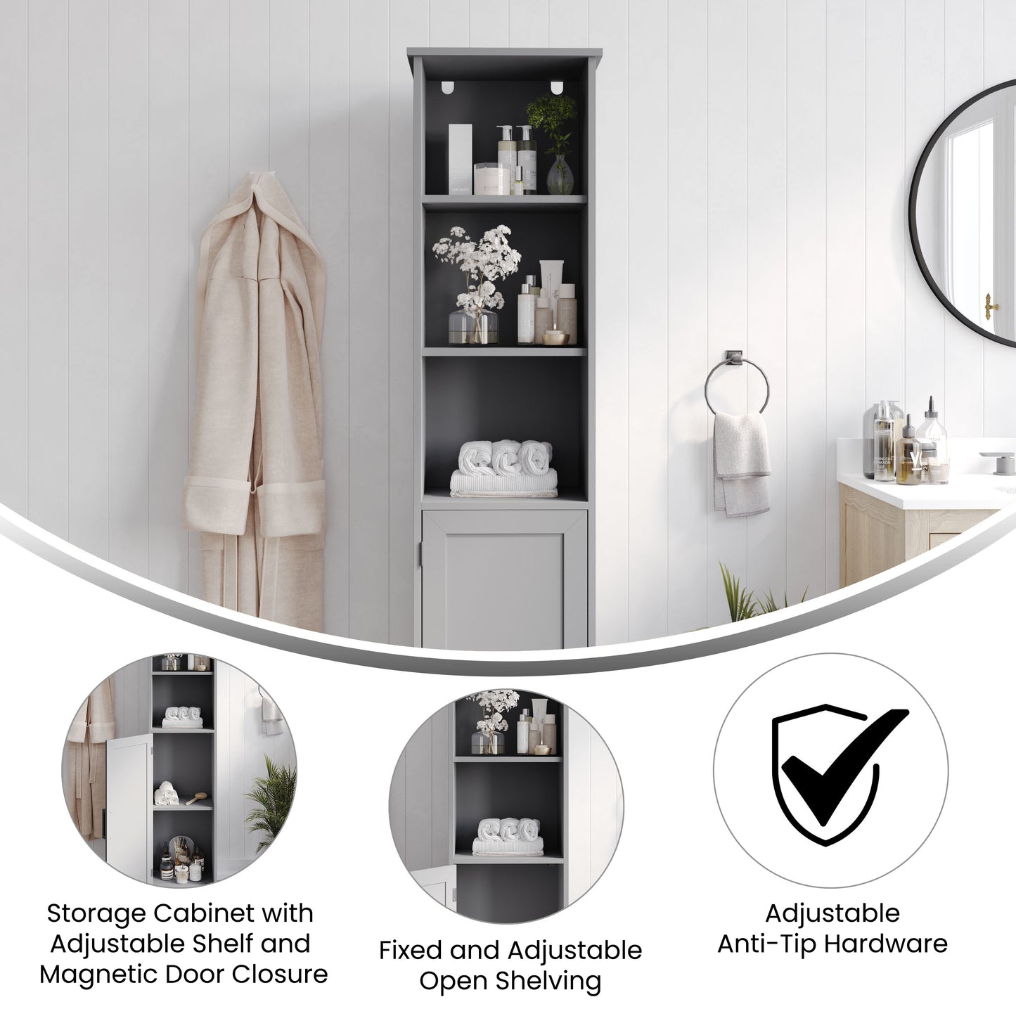Vega Freestanding Linen Tower Storage Cabinet with Magnetic Close Door, In-Cabinet Adjustable Shelf, and 3 Upper Open Shelves in Gray Gray