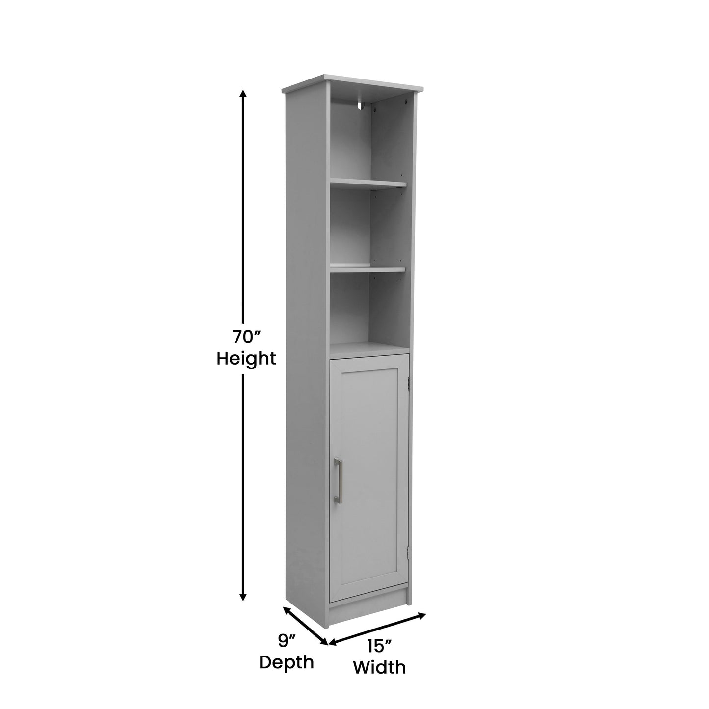 Vega Freestanding Linen Tower Storage Cabinet with Magnetic Close Door, In-Cabinet Adjustable Shelf, and 3 Upper Open Shelves in Gray Gray
