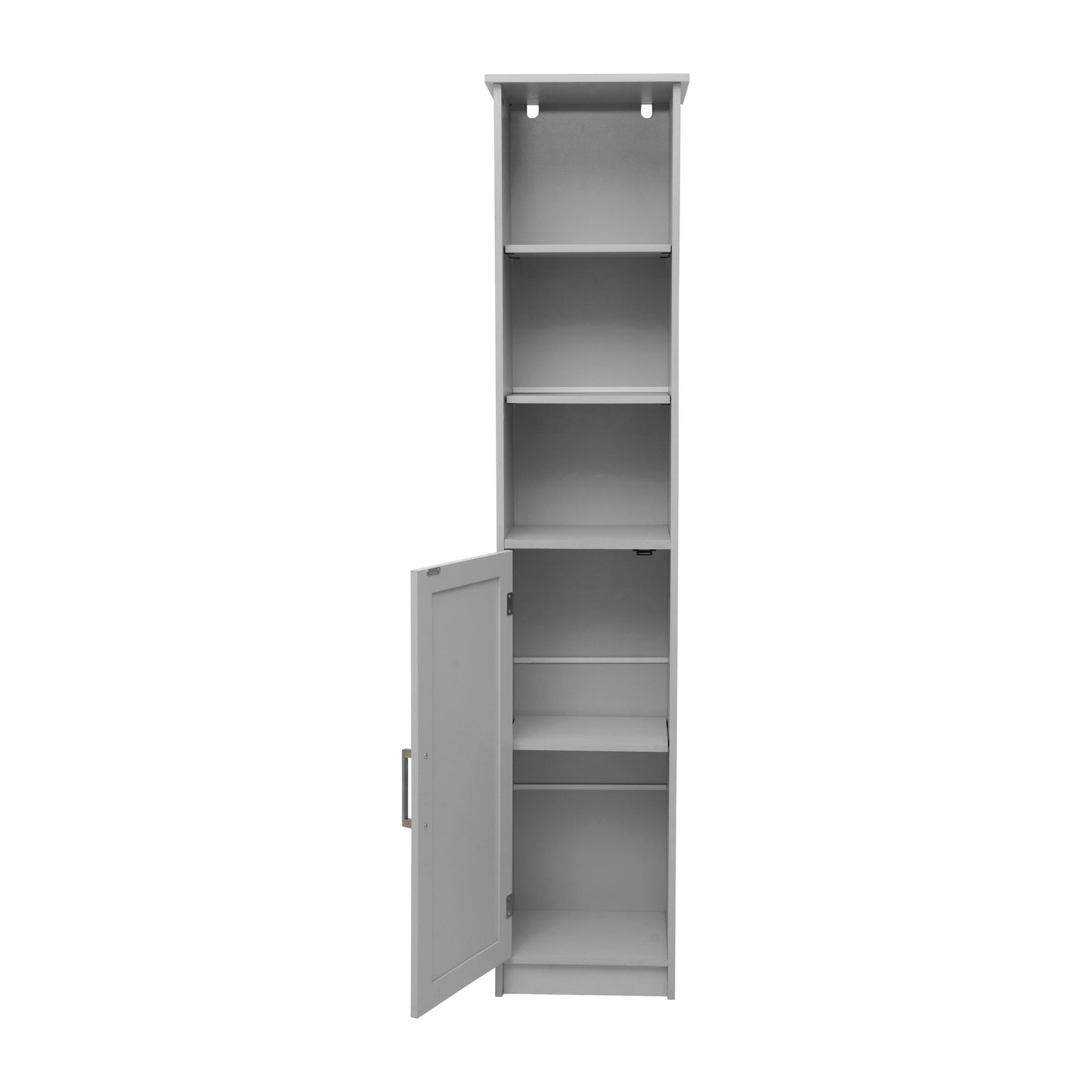 Vega Freestanding Linen Tower Storage Cabinet with Magnetic Close Door, In-Cabinet Adjustable Shelf, and 3 Upper Open Shelves in Gray Gray