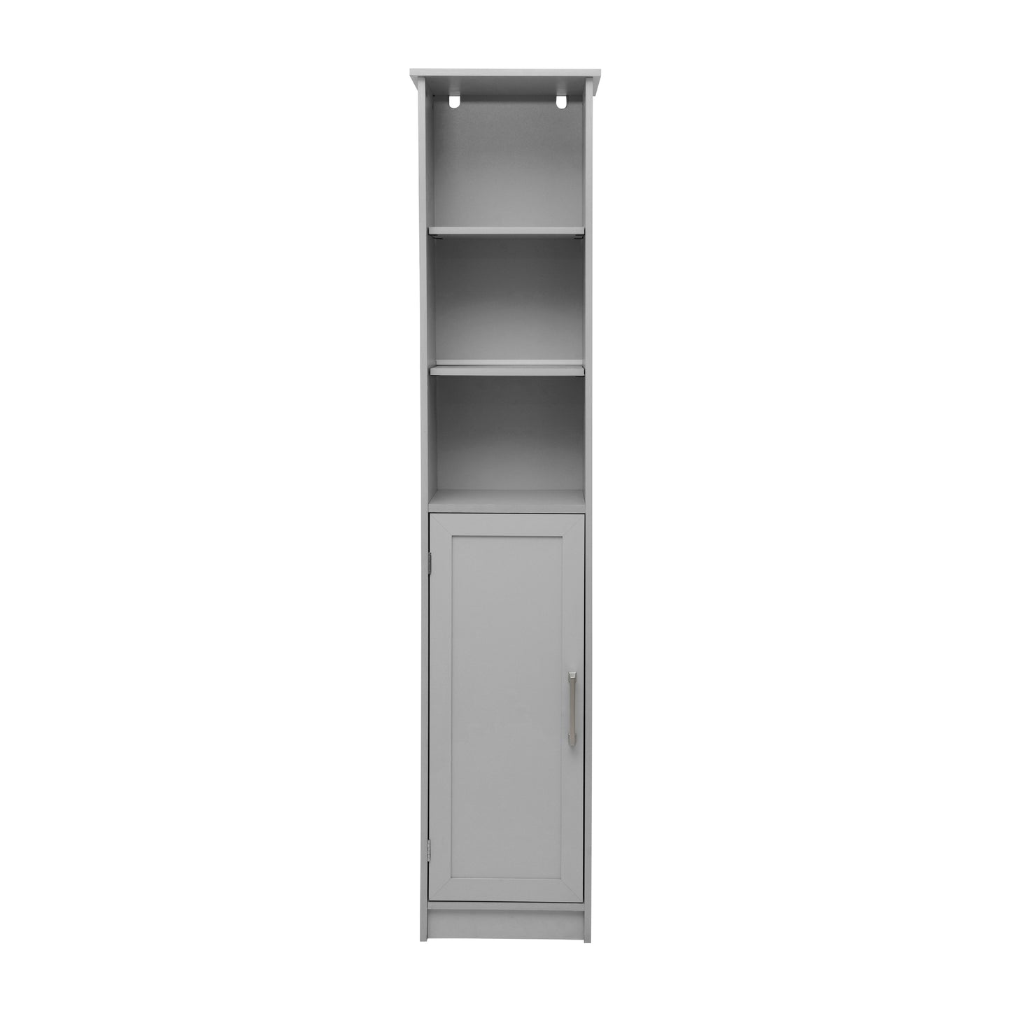 Vega Freestanding Linen Tower Storage Cabinet with Magnetic Close Door, In-Cabinet Adjustable Shelf, and 3 Upper Open Shelves in Gray Gray