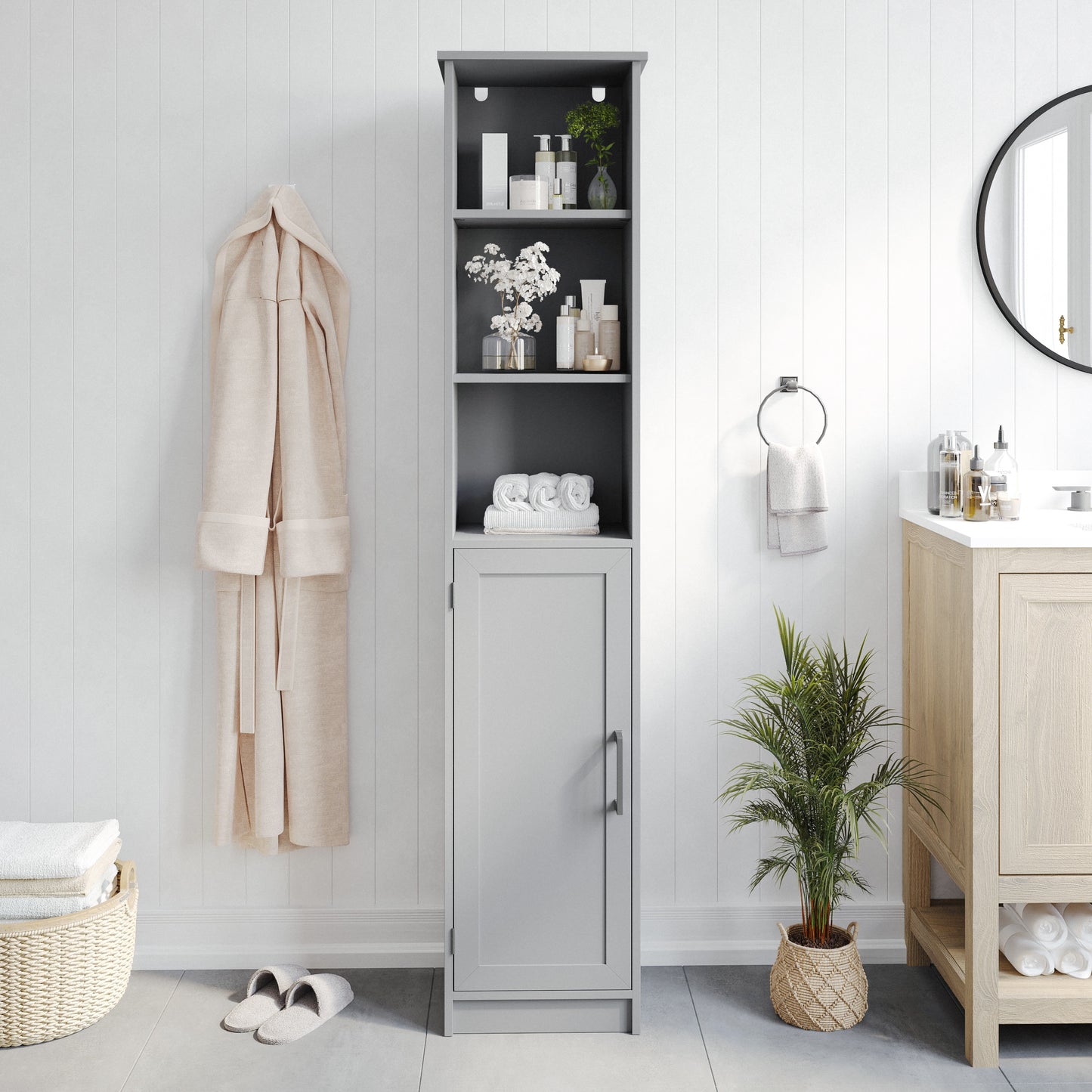 Vega Freestanding Linen Tower Storage Cabinet with Magnetic Close Door, In-Cabinet Adjustable Shelf, and 3 Upper Open Shelves in Gray Gray
