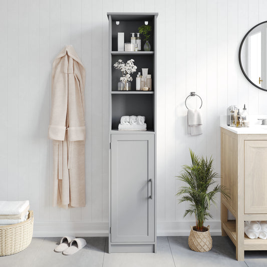 Vega Freestanding Linen Tower Storage Cabinet with Magnetic Close Door, In-Cabinet Adjustable Shelf, and 3 Upper Open Shelves in Gray Gray FS-VEGA-BATH-2-GY-GG