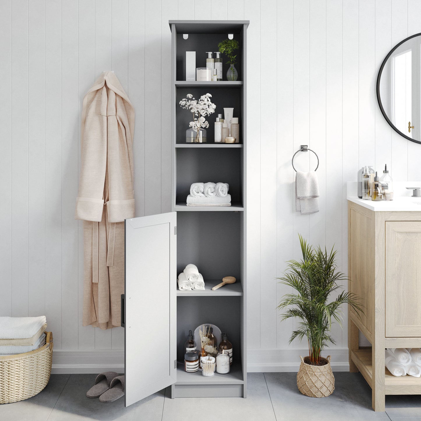 Vega Freestanding Linen Tower Storage Cabinet with Magnetic Close Door, In-Cabinet Adjustable Shelf, and 3 Upper Open Shelves in Gray Gray