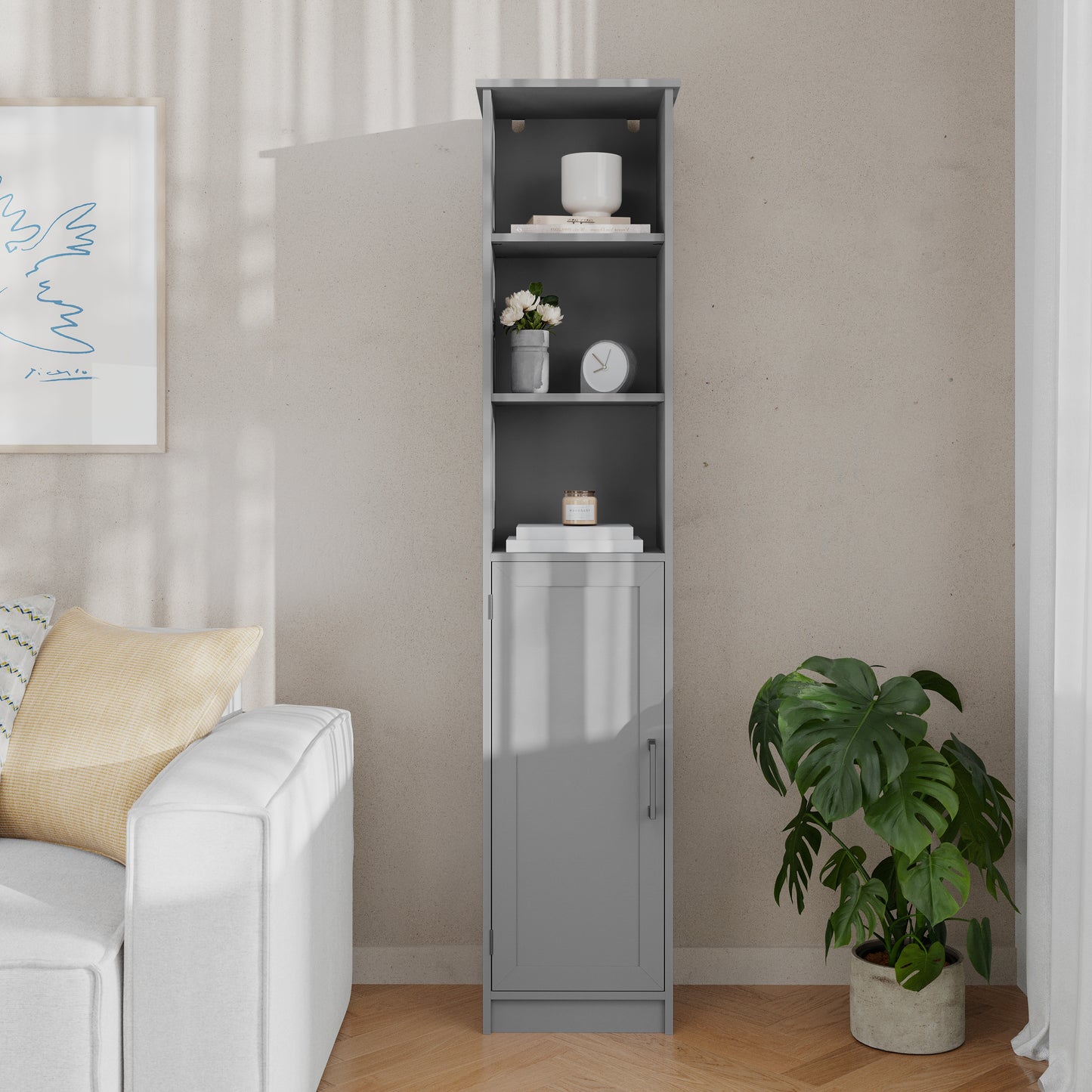 Vega Freestanding Linen Tower Storage Cabinet with Magnetic Close Door, In-Cabinet Adjustable Shelf, and 3 Upper Open Shelves in Gray Gray