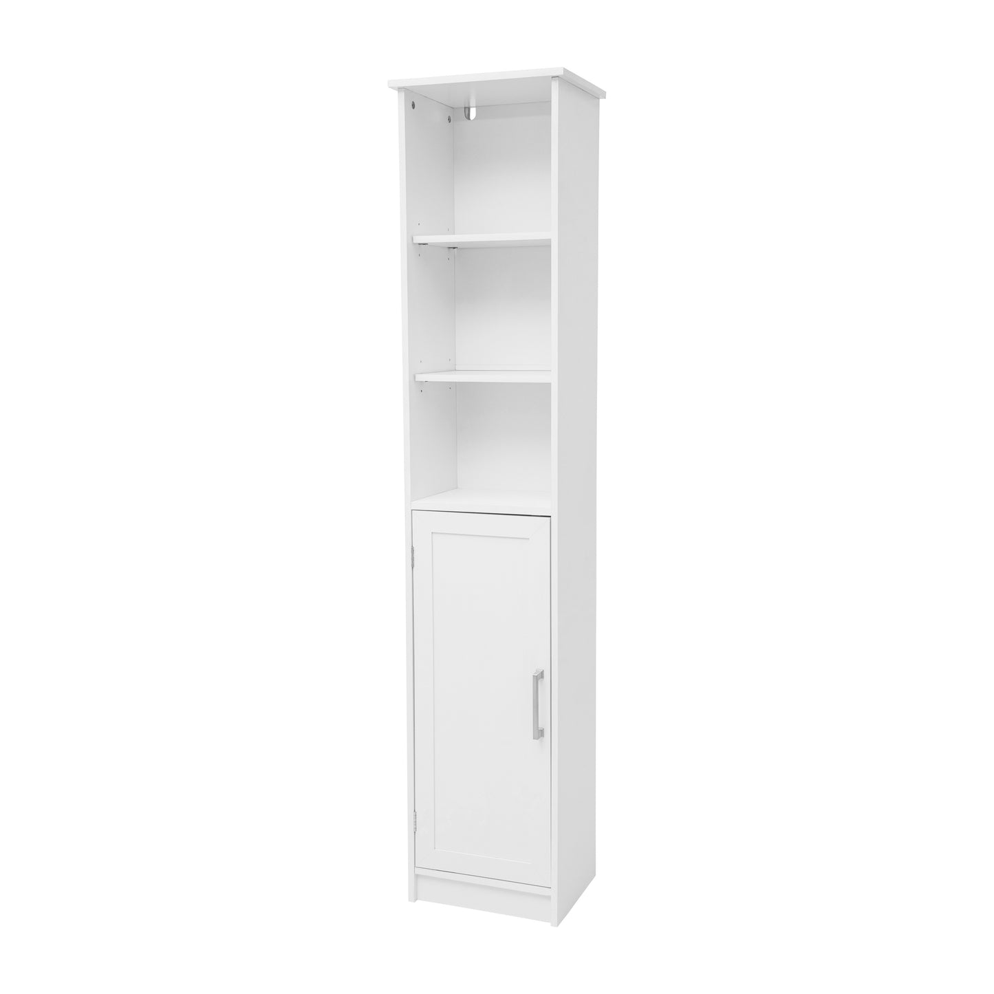 Vega Freestanding Linen Tower Storage Cabinet with Magnetic Close Door, In-Cabinet Adjustable Shelf, and 3 Upper Open Shelves in White White