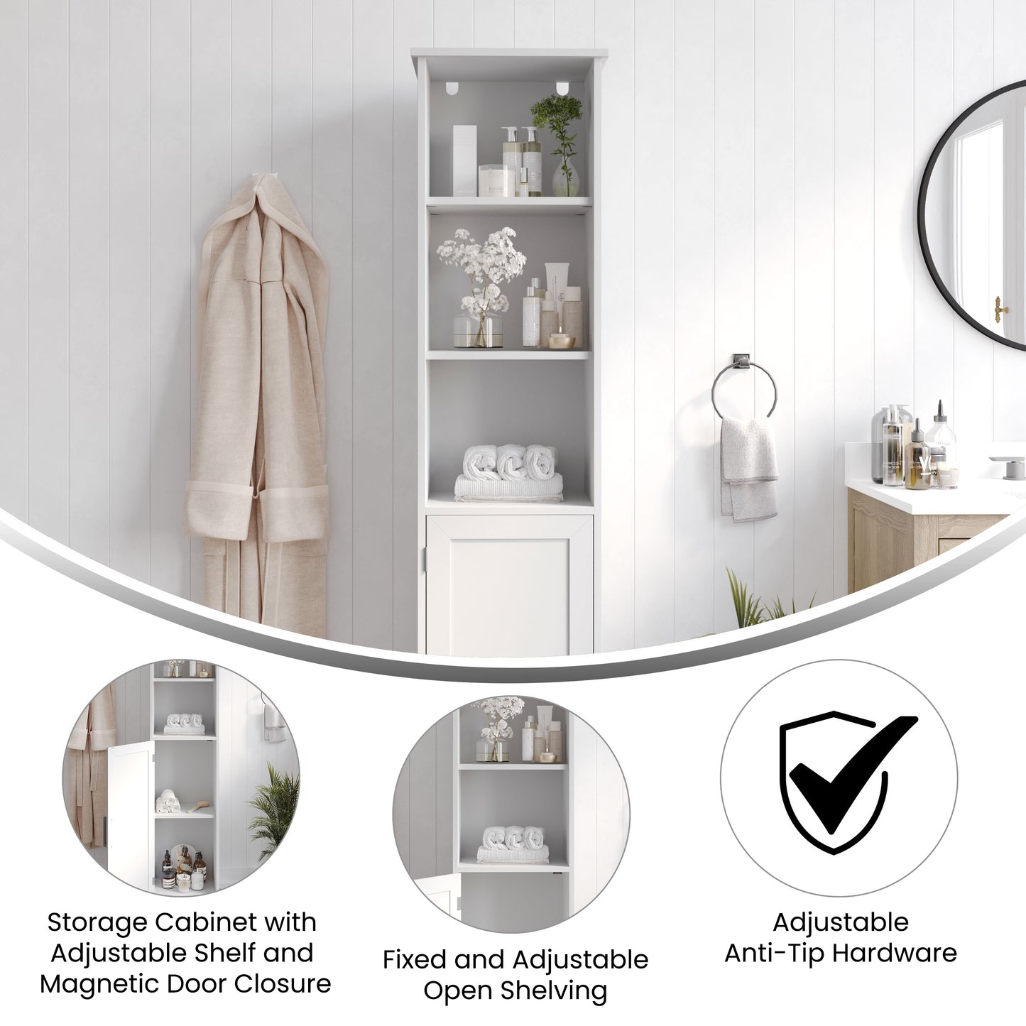 Vega Freestanding Linen Tower Storage Cabinet with Magnetic Close Door, In-Cabinet Adjustable Shelf, and 3 Upper Open Shelves in White White