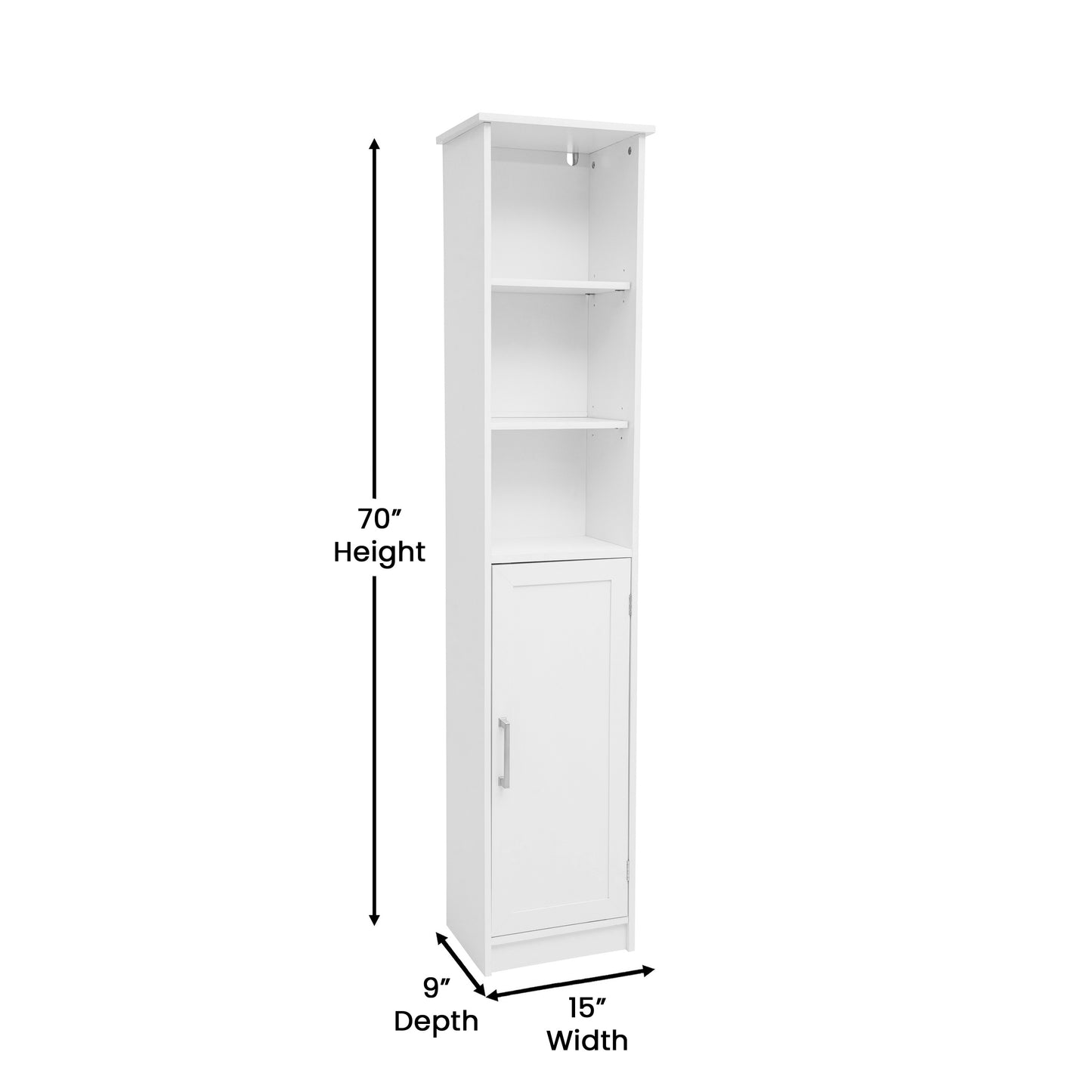 Vega Freestanding Linen Tower Storage Cabinet with Magnetic Close Door, In-Cabinet Adjustable Shelf, and 3 Upper Open Shelves in White White