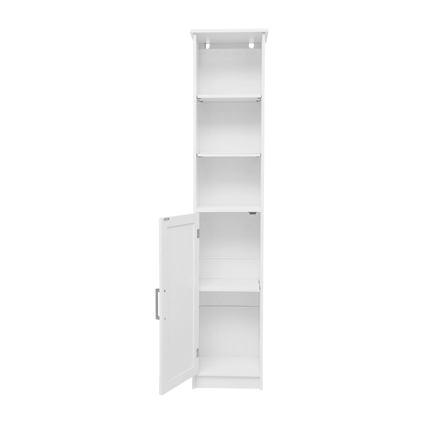 Vega Freestanding Linen Tower Storage Cabinet with Magnetic Close Door, In-Cabinet Adjustable Shelf, and 3 Upper Open Shelves in White White