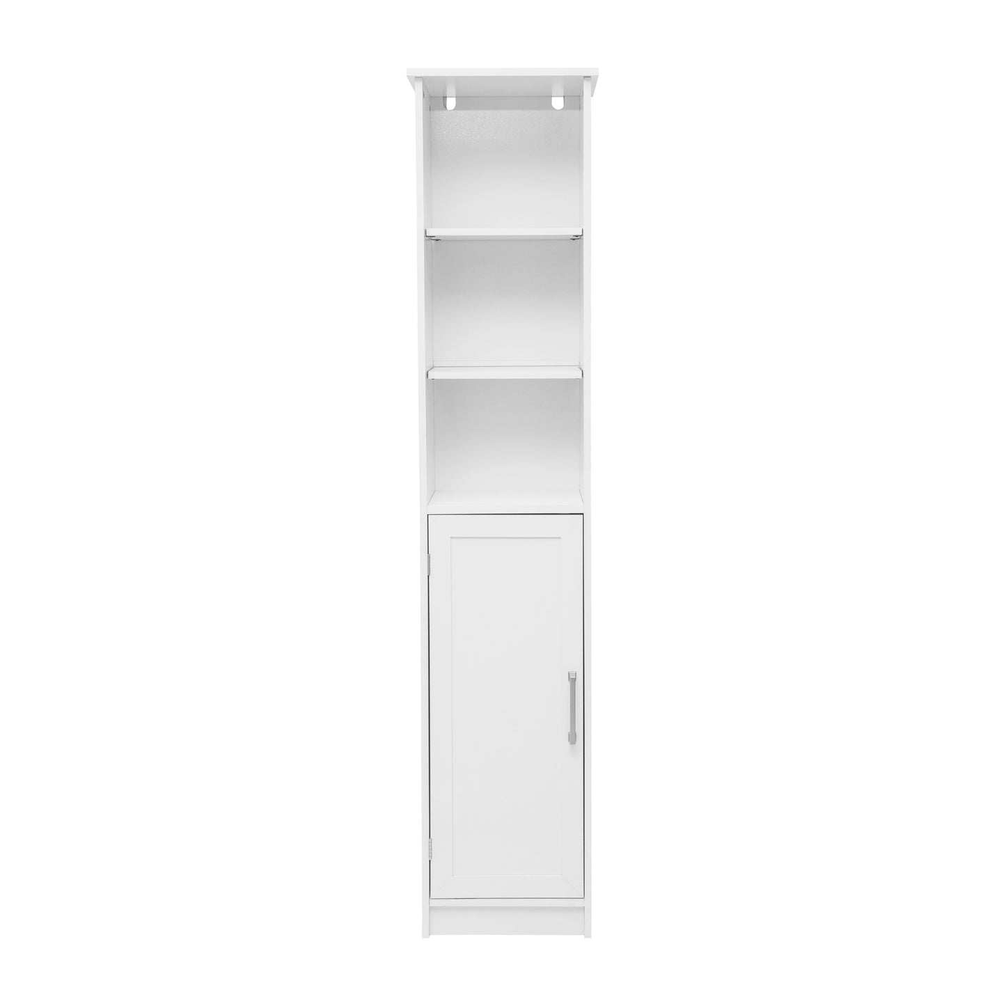 Vega Freestanding Linen Tower Storage Cabinet with Magnetic Close Door, In-Cabinet Adjustable Shelf, and 3 Upper Open Shelves in White White