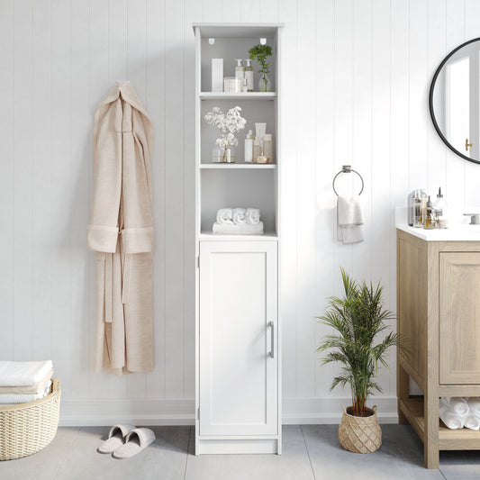 Vega Freestanding Linen Tower Storage Cabinet with Magnetic Close Door, In-Cabinet Adjustable Shelf, and 3 Upper Open Shelves in White White FS-VEGA-BATH-2-WH-GG