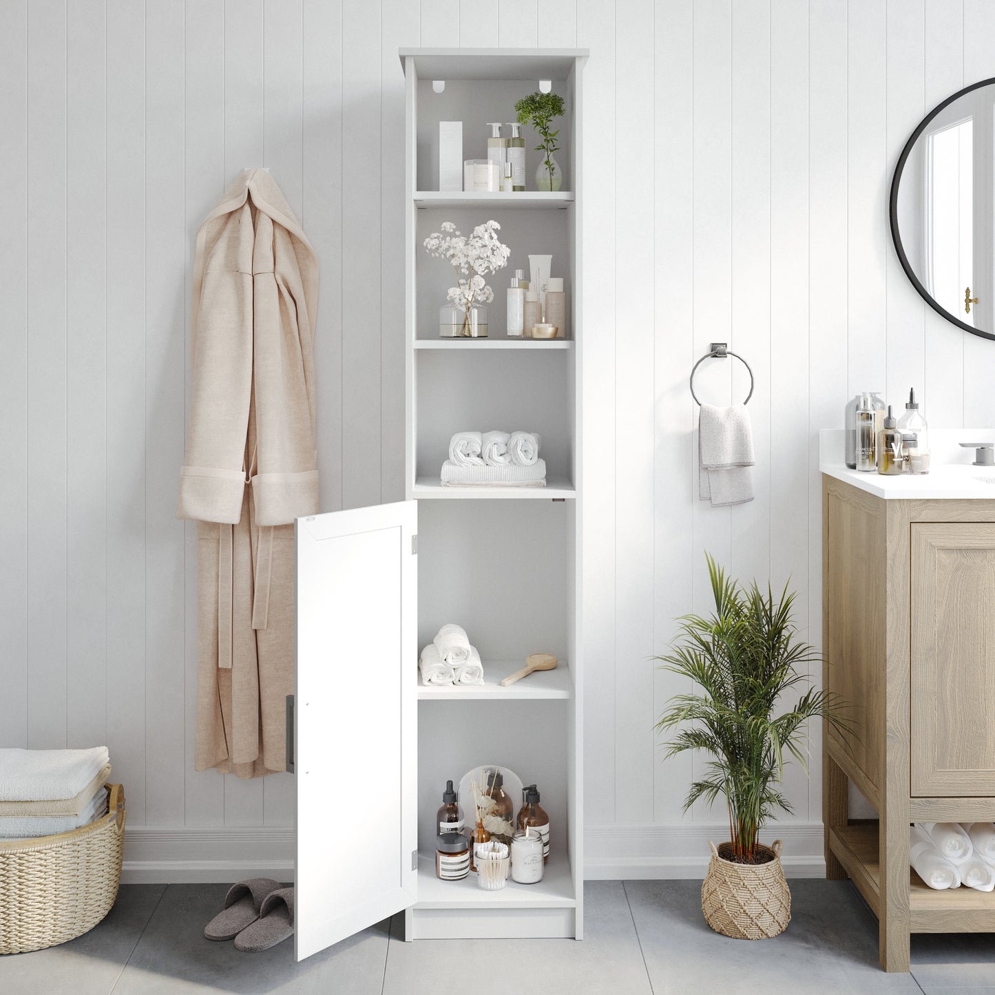 Vega Freestanding Linen Tower Storage Cabinet with Magnetic Close Door, In-Cabinet Adjustable Shelf, and 3 Upper Open Shelves in White White